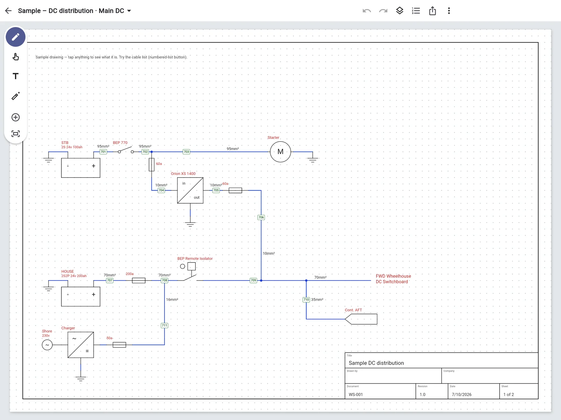 Wiresketch on iPad showing a DC distribution drawing: start and house battery banks, a BEP isolator, an Orion DC-DC charger, fuses and a starter motor, with numbered cables 701 to 711 and a title block.