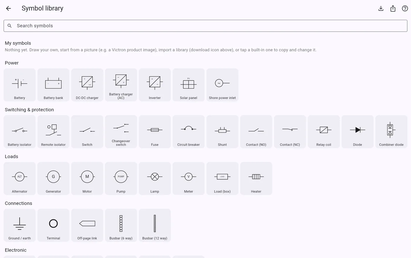 Symbol library with categories: Power, Switching and protection, Loads, Connections and Electronic.